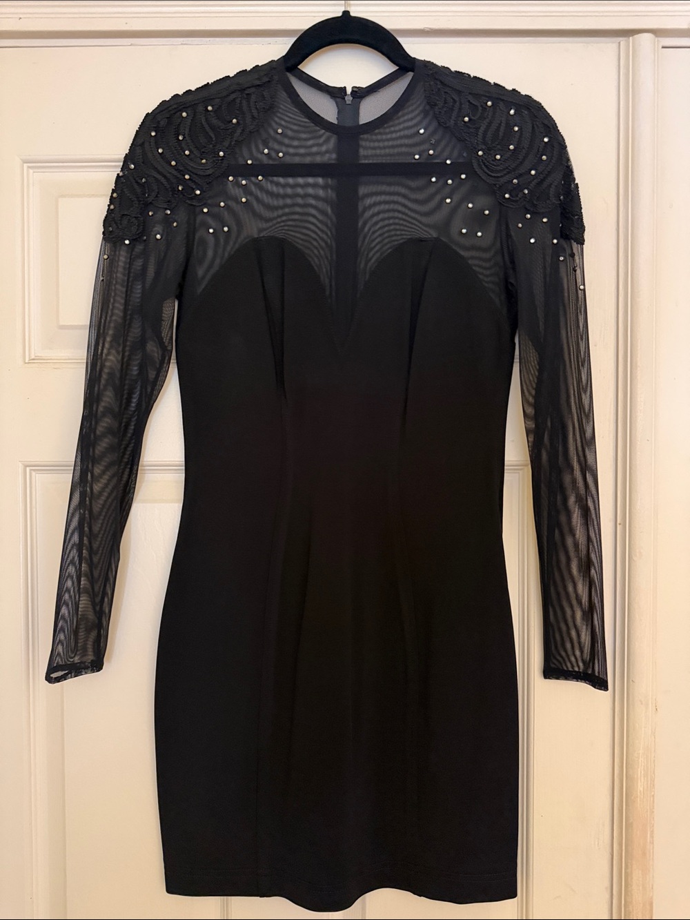 Elegant Black Beaded Sheer-Sleeve Bodycon Dress size M